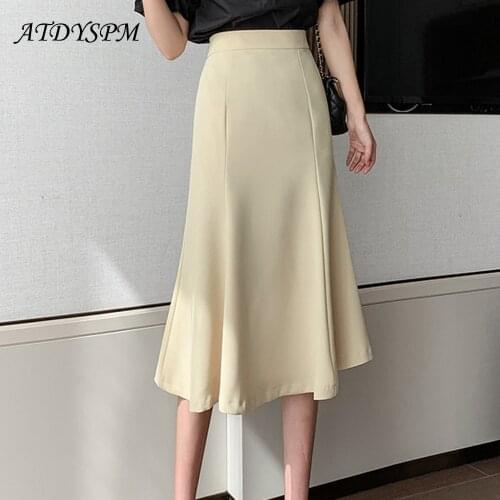 Summer Fashion High Waist Draped A-Line Mermaid Skirts For Women Elegant Back Split Hidden Zipper Casual Midi Skirts Jupe Femme