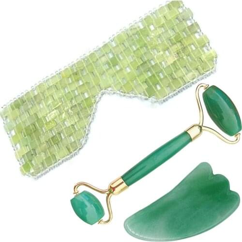 Green Aventurine Jade Eye Mask Massager Jade Roller Guasha Board Set Natural Stone Scraper Face Lift Roller Facial Massage Tools
