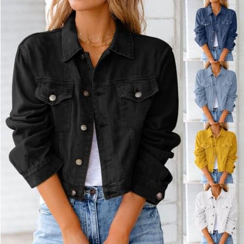 Vintage Lapel Denim Coat Women Autumn Soild Color Button Down Short Denim Jean Jacket Streetwear Outer Wear Coat With Pocket