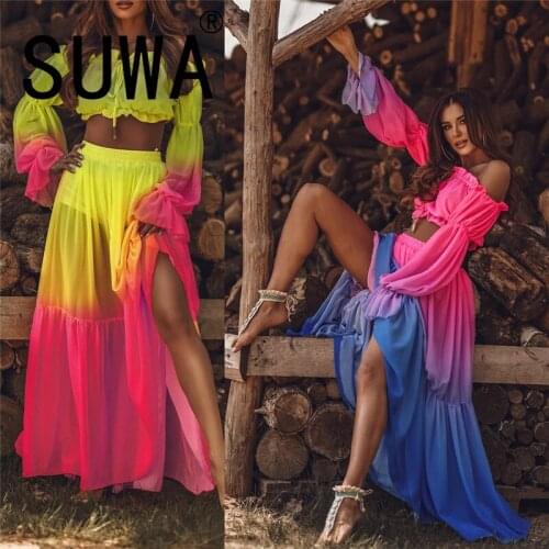 Women Beach Slash Neck Crop Top And Maxi Skirt Set High Split Sexy Summer Sexy Vestidos Longo