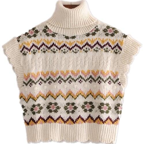 Womens Vest Sweaters Za Fashion 2021 Vintage Ruffles Turtleneck Sleeveless Pullovers Geometric Casual Waistcoat Chic Tops