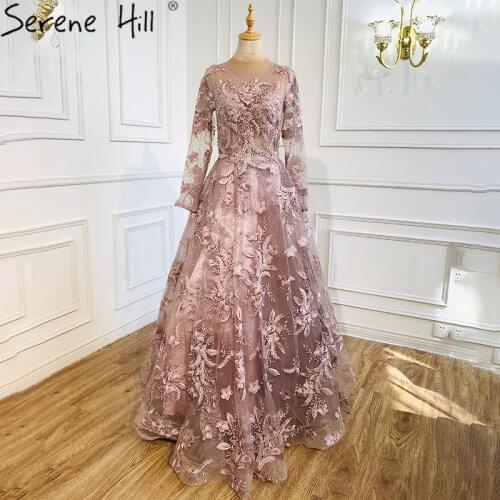 Pink Luxury O-Neck Flower Evening Gowns for Women Long 2020 Dubai Sleeves Beading Sexy Formal Dress Design BLA70708 Serene Hill