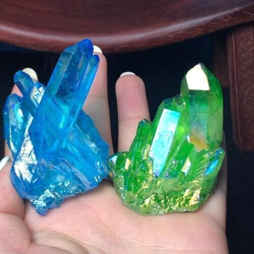 2pcs Beautiful Aura Crystal Cluster Angel Aura Titanium Quartz Crystal Stunning Rainbow Specimen Minerals Reiki Healing Chakra