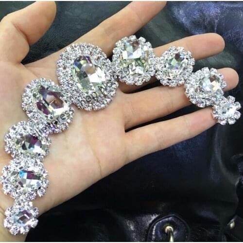 2pcs/lot oval AB glass crystal rhinestone gold applique for bridal wedding dress decoration tear-drop long thin crystal trims