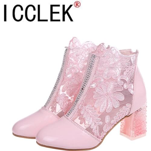 2021 Spring Summer Boots Fashion Rhinestones Gauze Sandals Thick Heels Mesh Boots Hollow Womens Shoes Large Size 43
