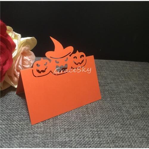 50pcs /lot laser cutting Pumpkin Halloween Invitation Table Name Cards Place Seat Paper Message Cards for Party Table Decoration