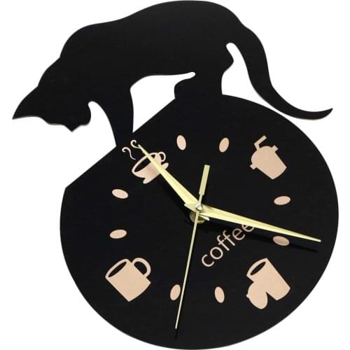 Silent Cartoon Wall Clock 12 Inch Cute Climbing Cat Wooden Wall Clocks for Drinking Coffee Wall Decoration Cup Pattern Clock