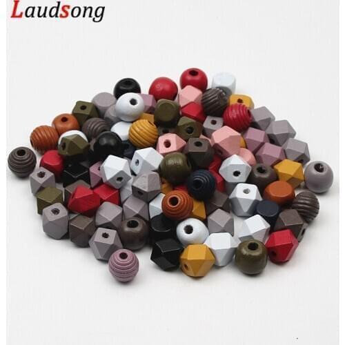 50Pcs 12-15mm Mixed Color Various Shapes Loose Spacer Wooden Beads For Jewelry Making Necklace Bracelet Diy