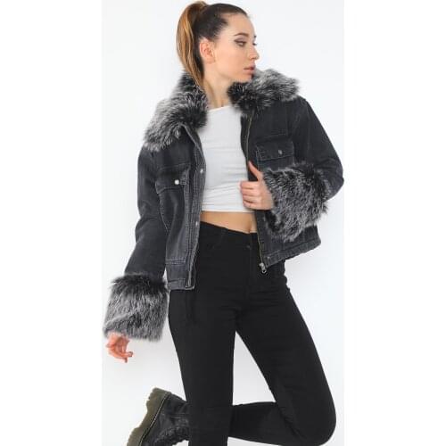 Black&White Inside and Collar Fully Plush Denim Jacket Outwear 2020 Winter Spring New Style Furred Coats