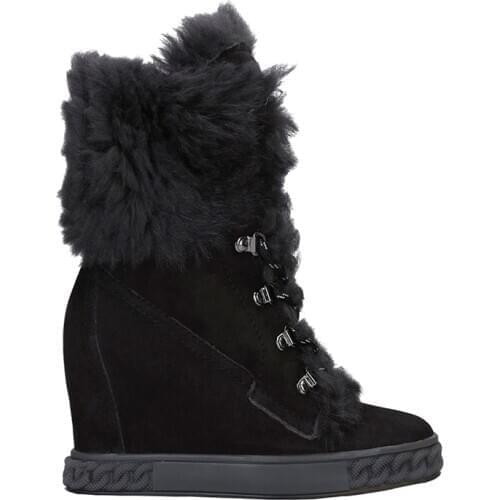 Design brand Winter wool inner 8CM wedge lace up woman ankle boot black suede lace up fur inner wedge winter boot woman