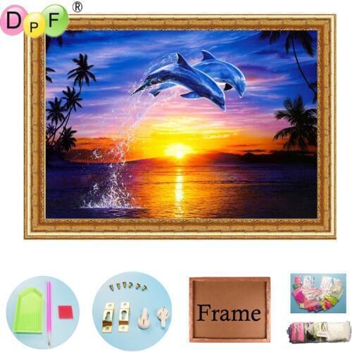 DPF 5D Diamond Embroidery Dolphin with Frame Diamond Painting Cross Stitch Home Decor Full Circle Diamond Mosaic Kits GiftanimaL