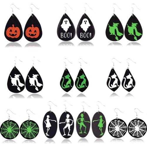 Halloween Double Side Leather Earrings Water Drop Leather Earrings Skull Cat Pattern Earrings Witch Ear Jewelry