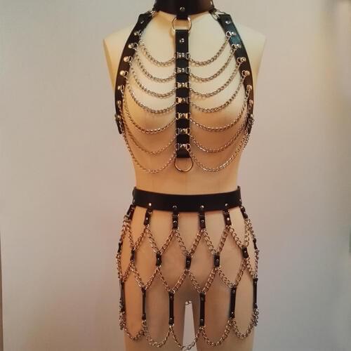 Custom Handmade Leather Women Harness With Chains Links Leather Chain bra Top Waist Skirt Dress