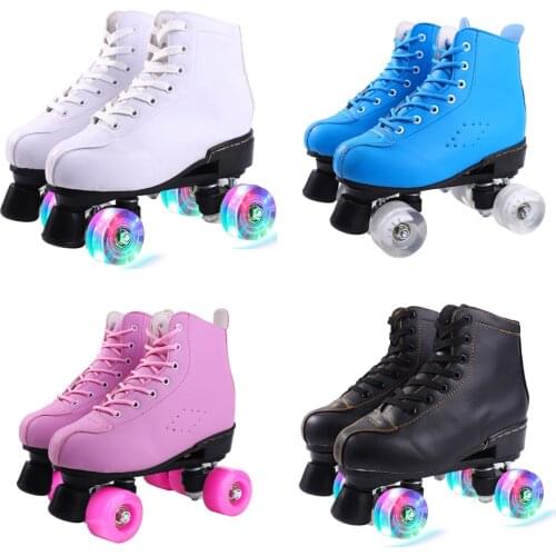 Artificial Leather Roller Skates Double Line Skates Women Men Adult Two Line Skating Shoes Patines With White PU 4 Wheels