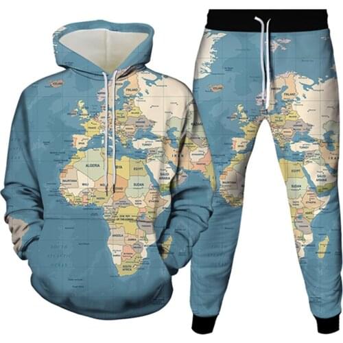 Men Vintage World Map Print 2Pc Sets Women Fashion Outfits Spring Autumn Suits Female Streetwear Joggers Pants Hoodies Tracksuit