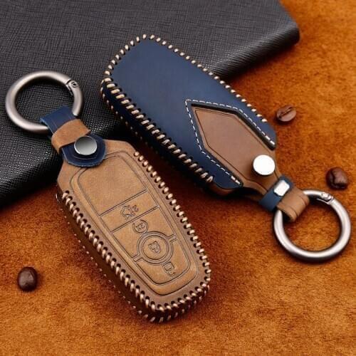 Leather Car Key Case Cover For Ford Fiesta Focus 23 MK2 MK3 Mondeo MK4 Ecosport Kuga Escape Explorer Ranger Ring
