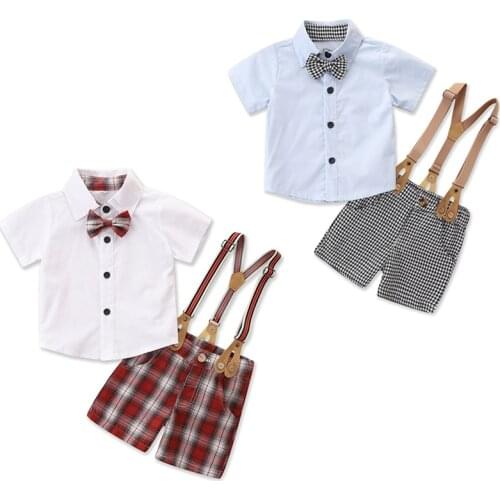 Summer 0-4Y Infant Kids Boys Gentleman Clothes Sets Short Sleeve Lapel Bowknot Shirt + Suspender Pants