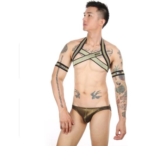 Mens Fashion Golden Chest Muscle Harness Brief Set Sexy Man Body Cage Erotic Tanks Punk Shoulder Armors Arm Strap Clubwear