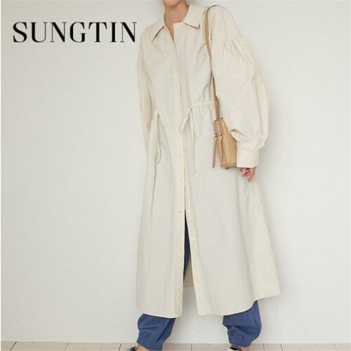 Sungtin New Lace Up Women Shirt Oversized Dresses Korean Elegant Casual Long Loose Solid Shirt Dress Vestidos Femme Spring 2021