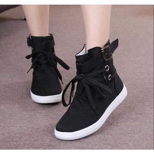 Shorha Winter Autumn Women Boots Casual Canvas Shoes Woman Flats Solid Ankle Boots Wild leisure Black and Grey Platform Shoes Woman large size