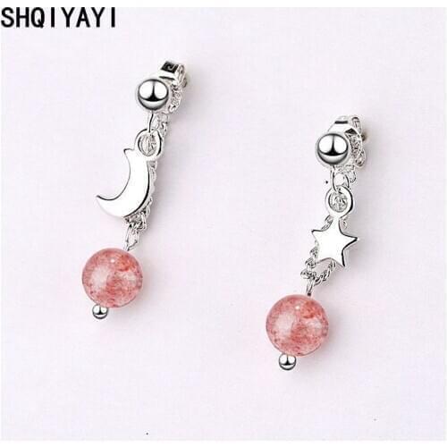 SHQIYAYI Korean Drop Earrings For Women Pink Crystal Stars Moon 925 Silver Eardrop Cocktail Party Fashion Jewelry Gifts 819