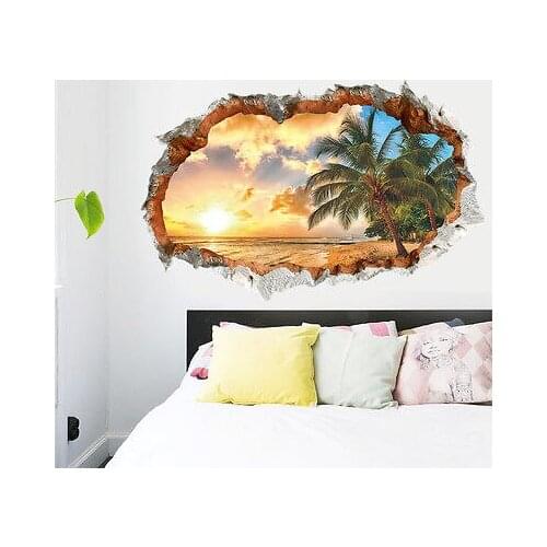 Sunshine Beach Sea Sun Tree 3d window hole view vinyl wall stickers kids living room sofa wall home office landscape mural art
