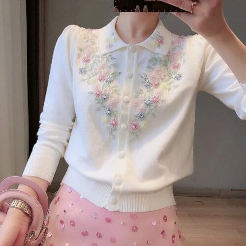 Flower Embroidery Vintage Cardigan Sweater Women 2021 Autumn Winter New Cardigan Crop Top Retro Lapel Crochet Knit Cardigan tops