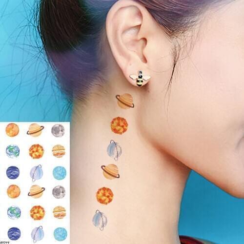 Temporary Tattoo Stickers Watercolour Planet Moon Women Arm Flash Tatoos Galaxy Earth Kids Waterproof Tattoo Cute Cartoon Gadget