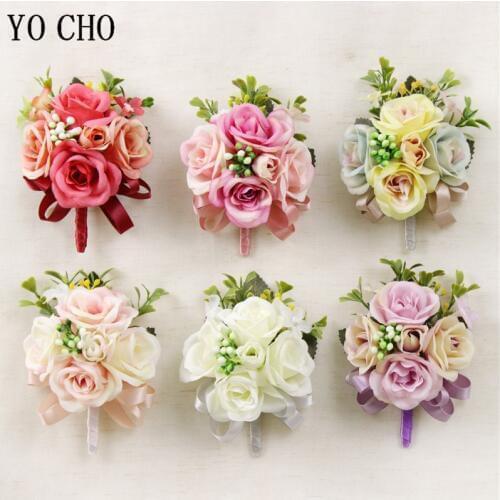 YO CHO Bridesmaid Wrist Corsage Girl Bracelet Artificial Silk Rose Flower Groom Boutonniere Buttonhole Men Wedding Boutonniere