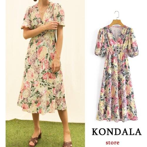 KONDALA Za Vintage New Summer Dress Women V Neck Weaving Flower Print Cami Puff Sleeve Maxi Dress Chic Mujer Vestidos