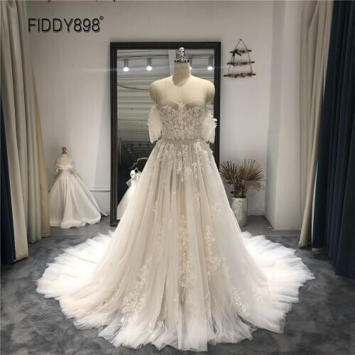 Elegant A-line Boho Wedding Dresses for Women 2021 Sweetheart Court Train Appliques Tulle Bride Wedding Gown