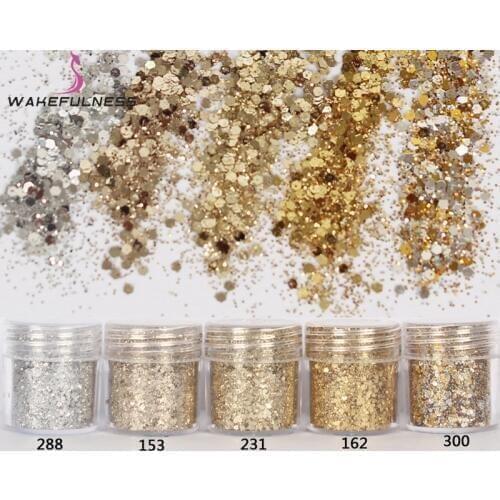 1 Box Champagne Silver Nail Glitter Dust Fine Mix 3D Nail Sequins Acrylic Glitter Powder Large Nail Art Tips Decoration 10ML