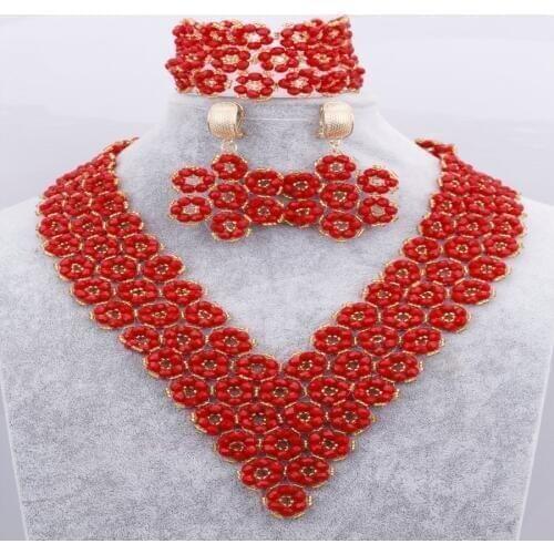 100% Handmade Red Flower Crystals Beads Jewelry Sets African Wedding Nigerian Beads Big Sage Bridal Necklace Free Shipping