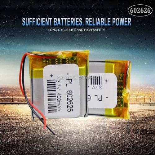 2pc 400mAh 3.7V 602626 polymer lithium li ion Rechargeable Battery For LED light Tachograph Car DVR Bluetooth Earphone MP3 MP4