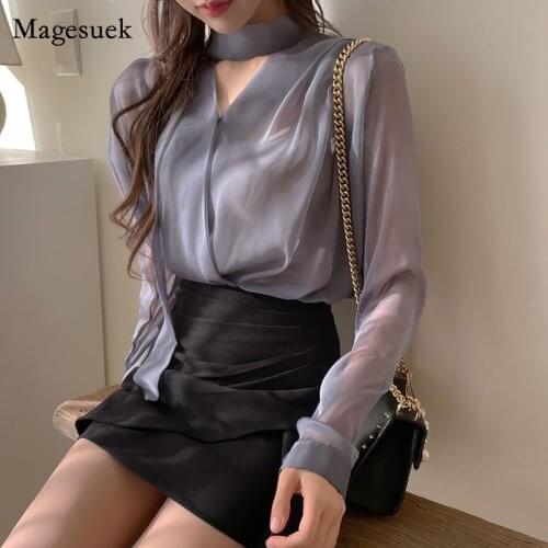 2021 Lace-up Bow Sunscreen Blouse Summer Fashion V-neck Women Tops Chiffon Shirt New Long Sleeve Blouse Clothes Blusas 13863