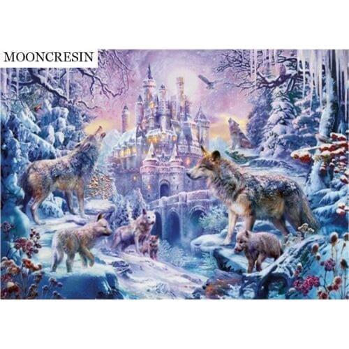 Diamond Painting Cross Stitch Wolf & Castle Diamond Embroidery Full Square Crystal Mosaic Picture Of Rhinestone Decoration Hogar