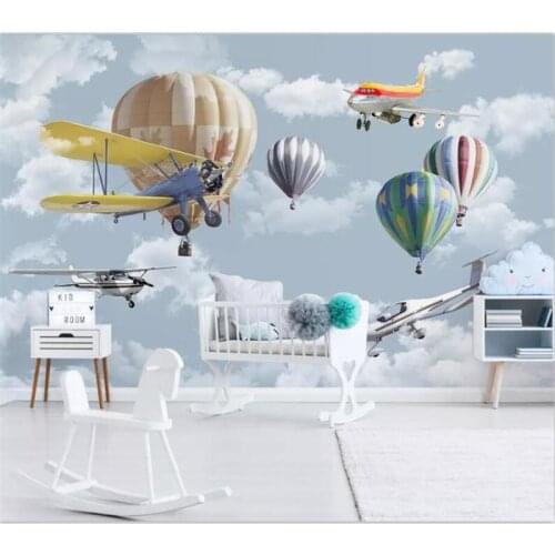 Beibehang Wallpaper murals custom home decoration photos Nordic hand-painted cartoon airplane balloon childrens room mural