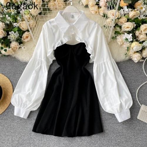 Gagaok Sexy Club Women Two Piece Sets 2021 Spring Autumn New Korean Harajuku Wild Fashion Suits Short Solid Tops + Cami Dresses