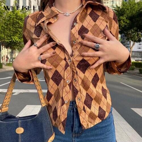 Weekeep Vintage Plaid Print Women Blouse Autumn Casual Button Up Cardigan Harajuku Long Sleeve Skinny T-Shirts 2000s Streetwear