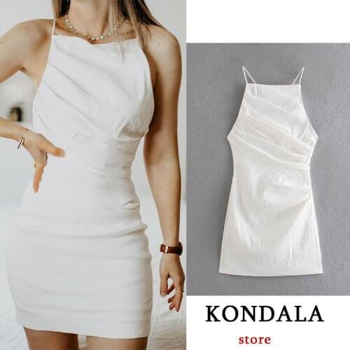 KONDALA Fashion Women White Linen Pleated Dress Za 2021 Summer Casual Mini Backless Party Dress Elegant Y2K Mujer Vestidos
