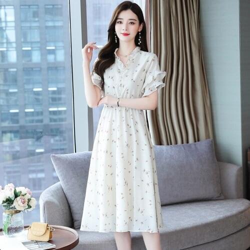 Korea Chic Elegant Temperament V-Neck Full-Screen Small Floral Waist Slimming Puff Sleeve Dress Long Skirt Female