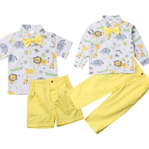 Fashion Kids Baby Boy Summer Suit Wedding Party Bowtie Gentleman Cartoon Print Shirt Shorts Pant Outfits 1-6Y