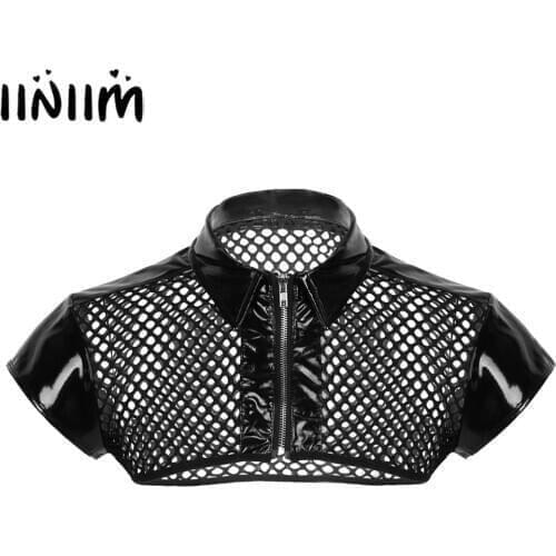 Mens Fishnet Hollow Out Sexy Tops Cap Sleeve Latex Leather Splice Shoulder Harness Shirt Exotic Tanks Clubwear Costumes Half Top