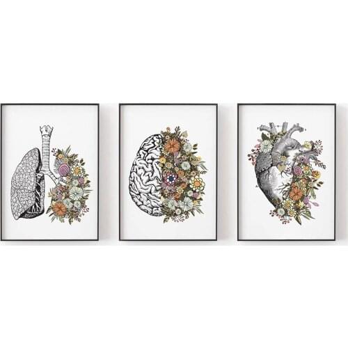 Vintage Anatomy Floral Heart Brain Lungs Wall Picture Medical Artwork Poster Nordic Canvas Print Education Painting Modern Decor