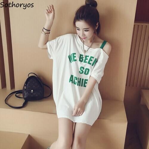 Nightgowns Women Letter Printed Asymmetrical Off Shoulder Loose Sexy Soft Trendy Summer Daily Home Wear Ulzzang Harajuku Chic