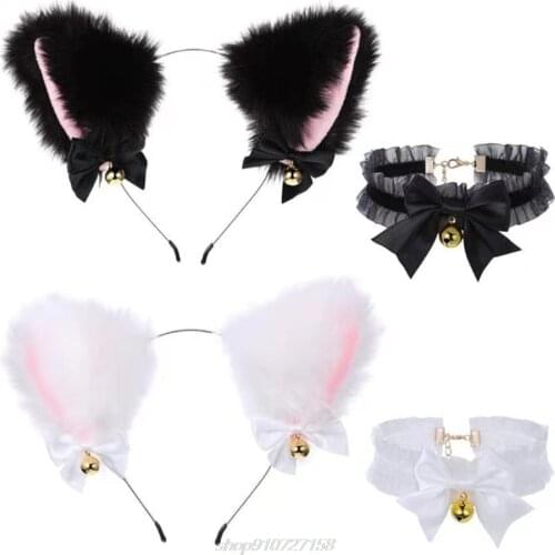 Faux Fur Kitten Ears Headband with Choker Necklace Set Sweet Bowknot Bell Lolita Hair Hoop Anime Maid Cosplay A20 21 Dropship