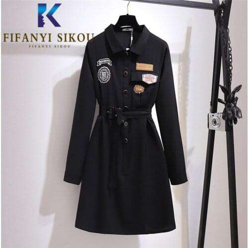 Autumn Women Plus Size Dress Lace Up Lapel Fashion Embroidery Black Midi Long Dress Female Loose Long Sleeve Oversized Dresses