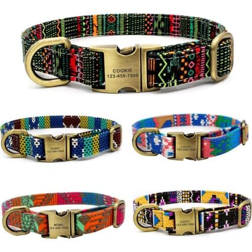 Dog Collar Personalized Custom Bohemia Canvas Name ID Tag Adjustable Basic Collars Antique Bukcle Leads Learsh Set Pet Accessory
