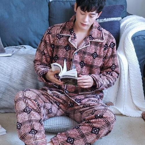 H5889 Sleepwear Male Pajamas Set Flannel Thickening Coral Fleece Long Sleeve Nightgown Autumn Winter Plus Size Casual Nightwear