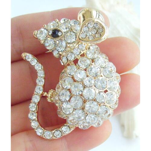 Golden Tone Lovely Mouse Rat Animal Brooch Pin Clear Austrian Crystal Pendant EE03276C14